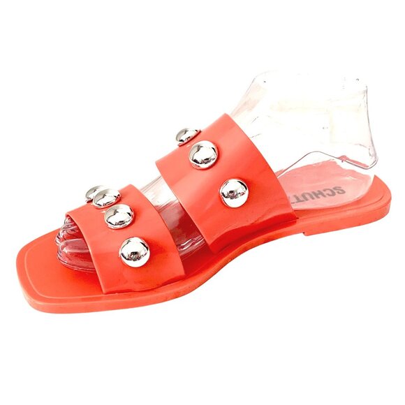 Schutz Nordstrom Lizzie Slides Sandal 9 Silver Studded Open Toe Bright Orange - Picture 3 of 10